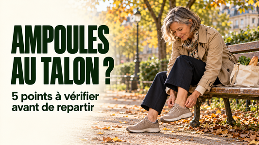 Marcheuse ajustant sa chaussure sur un banc près du marché, avec le titre Ampoules au talon
