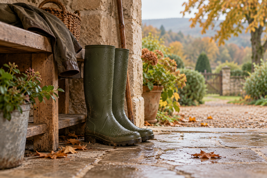 Bottes de pluie vertes près d’un banc à l’entrée d’une maison de campagne