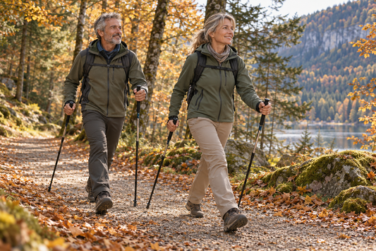Deux adultes marchant avec des bâtons sur un chemin forestier en automne