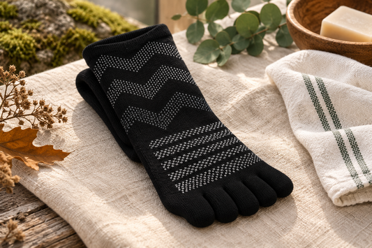 Chaussette noire à orteils séparés posée sur du linge clair, avec une serviette à côté