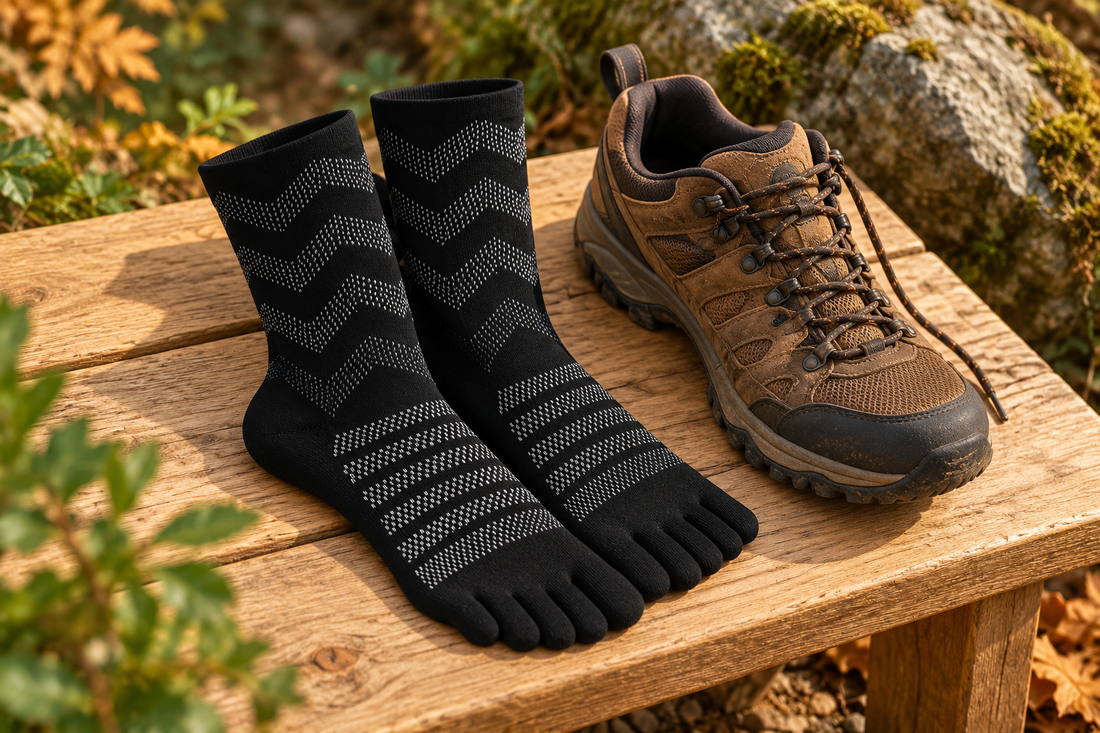 Chaussettes noires à cinq orteils posées à côté d’une chaussure de randonnée ouverte