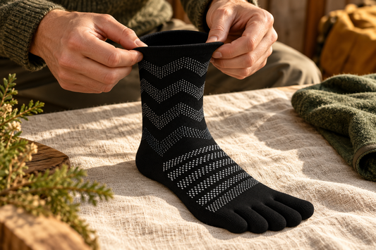 Mains tenant le bord d’une chaussette noire Runor à cinq compartiments pour les orteils