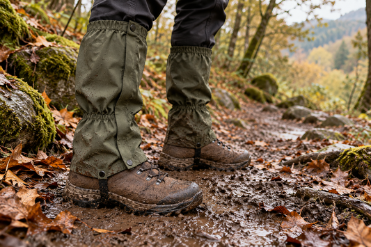Guêtres vertes ajustées sur des chaussures de randonnée sur un chemin boueux