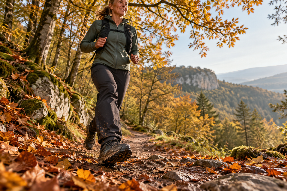 Coureuse sur un large sentier forestier couvert de feuilles d’automne