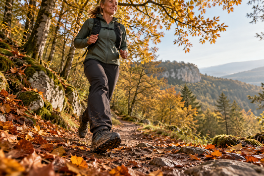 Coureuse sur un large sentier forestier couvert de feuilles d’automne