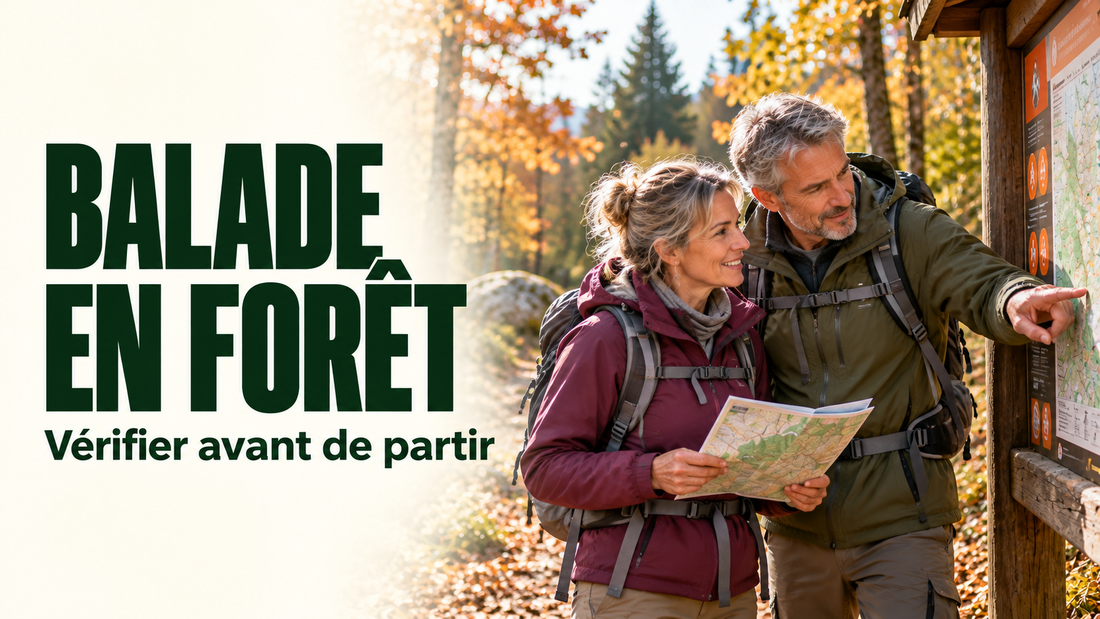 Couple de randonneurs consultant les informations à l’entrée d’une forêt