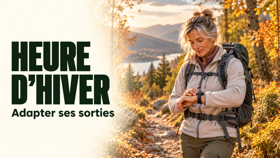 Randonneuse consultant sa montre sur un sentier en fin de journée
