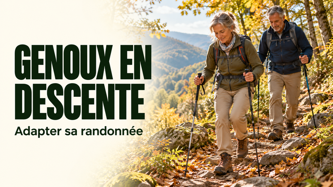Randonneur utilisant des bâtons sur un chemin en descente