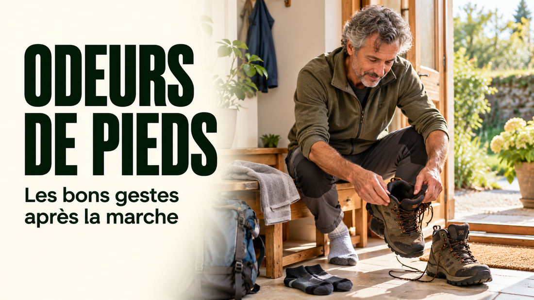 Personne ouvrant ses chaussures pour les aérer au retour de la marche