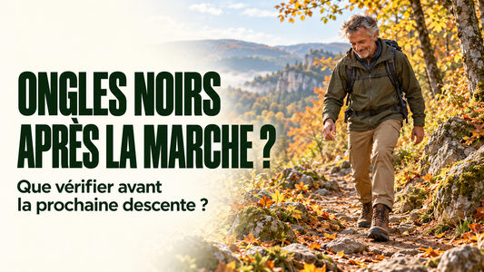 Randonneur descendant un sentier en automne, avec le titre Ongles noirs après la marche