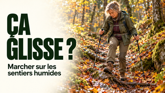 Marcheur sur un sentier couvert de feuilles humides en automne