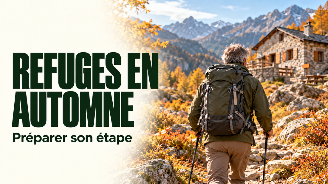 Randonneur arrivant près d’un refuge de montagne en automne